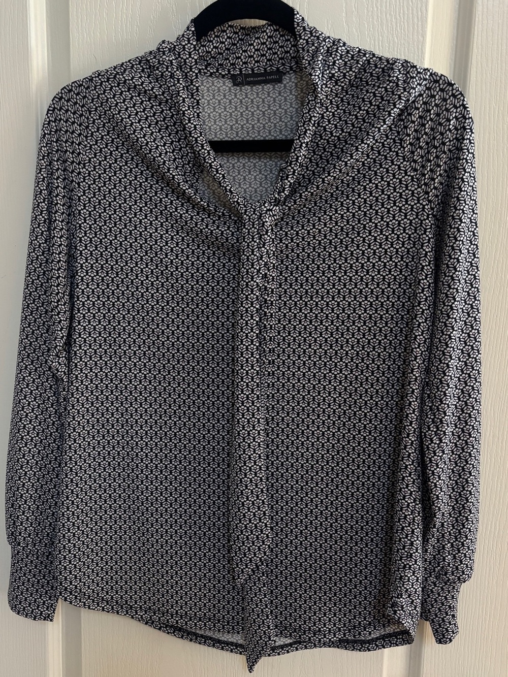 Adrianna Papell Black and White Patterned Tie-Neck Blouse